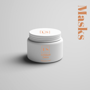 A white container of facial mask, with the logo of uniSkin printed on it. The word "Masks" is written in the top right corner of the image.
